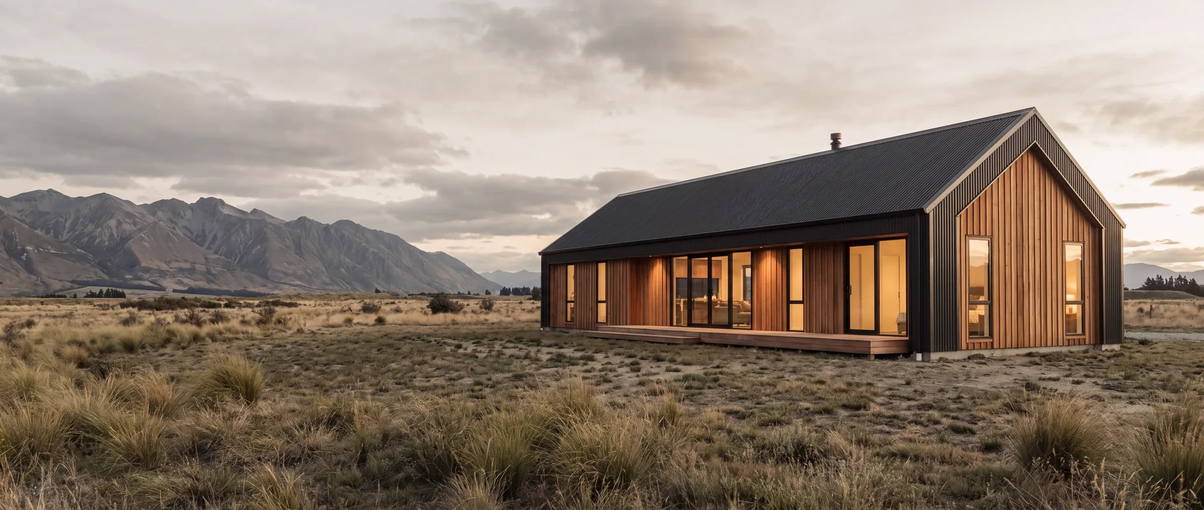 Готовый barn house с террасой и тёплым светом внутри на фоне гор