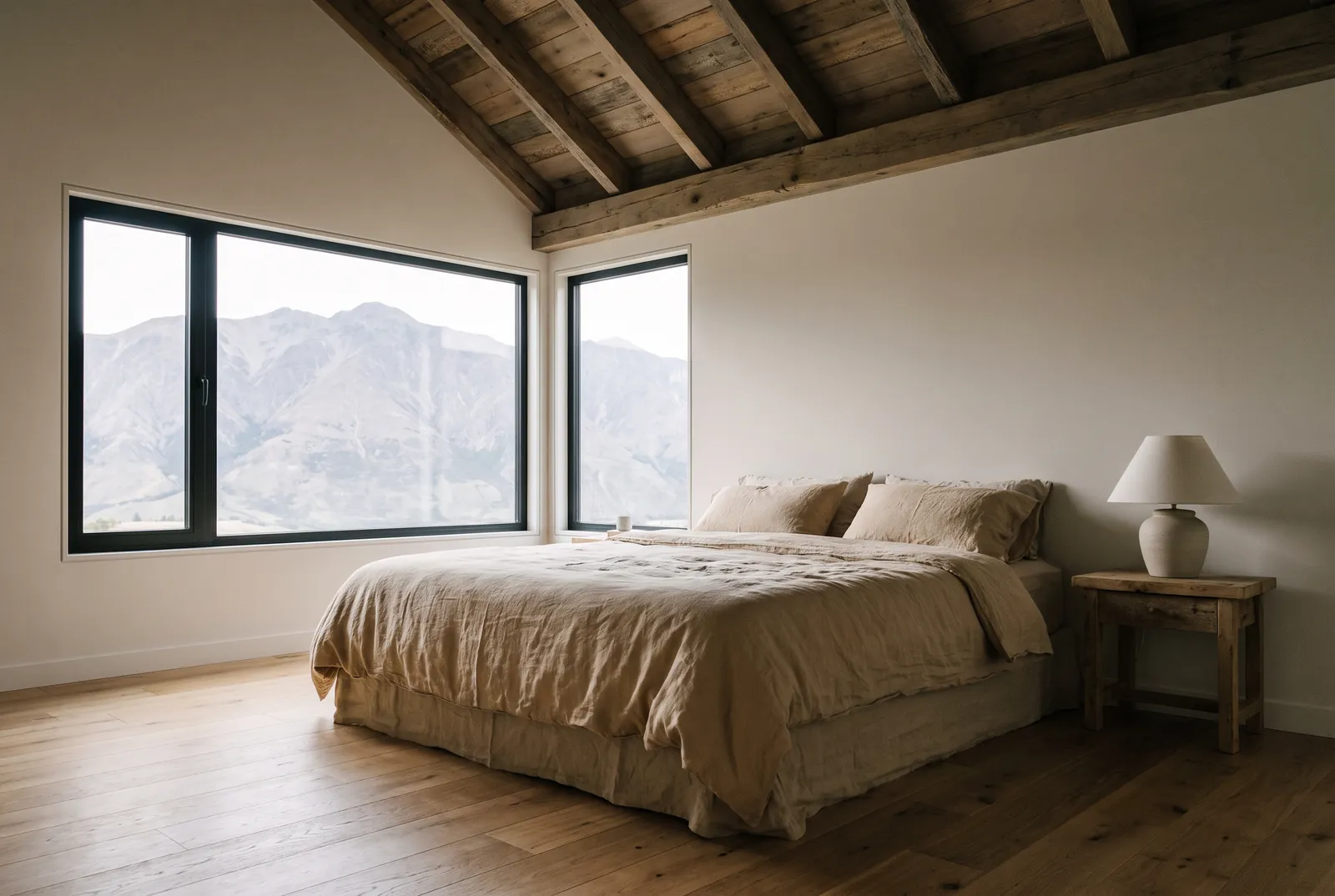 Интерьер кухни-гостиной Barn House с оливковой кухней, дубовым столом и открытыми стропилами
