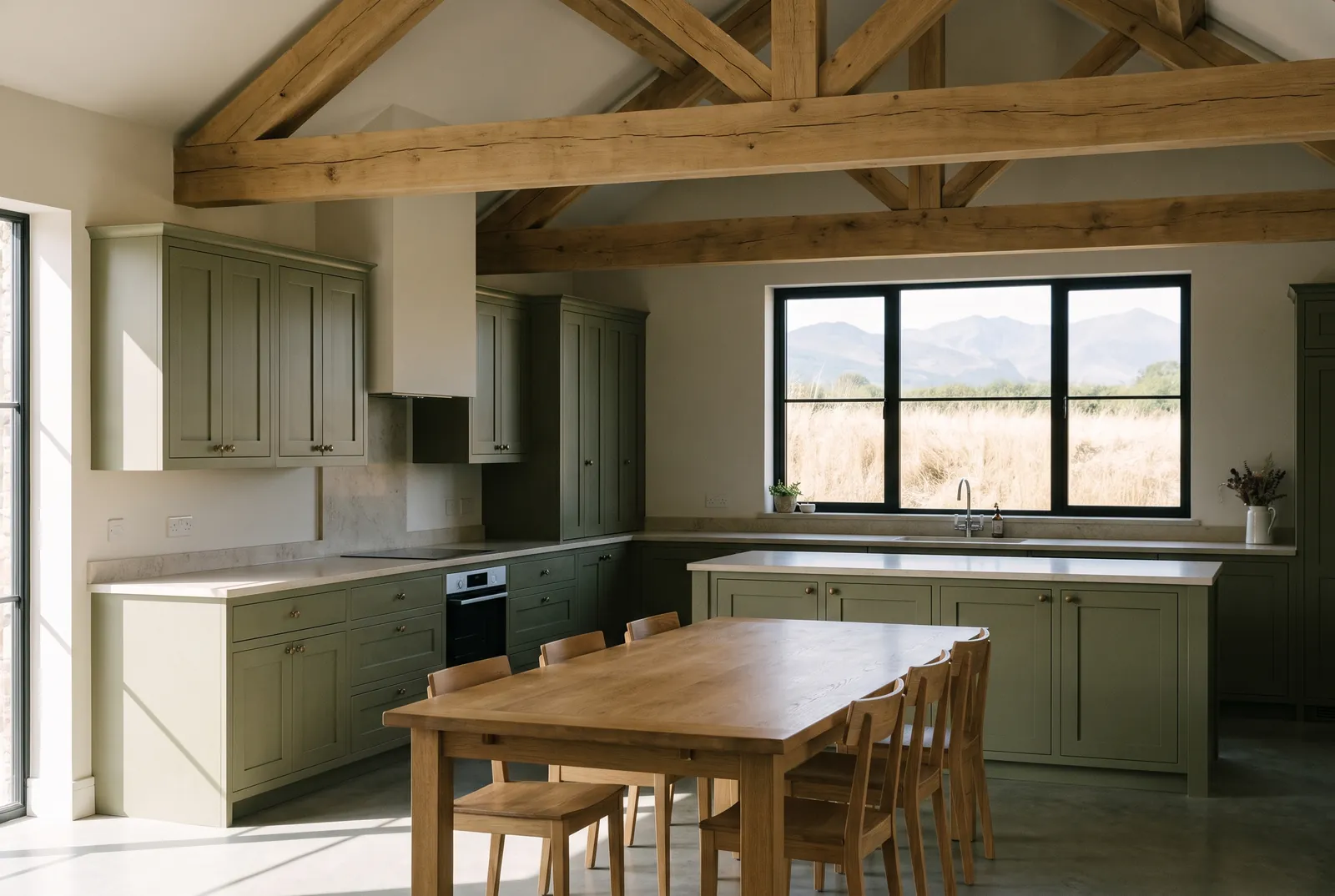 Интерьер кухни-гостиной Barn House с оливковой кухней, дубовым столом и открытыми стропилами