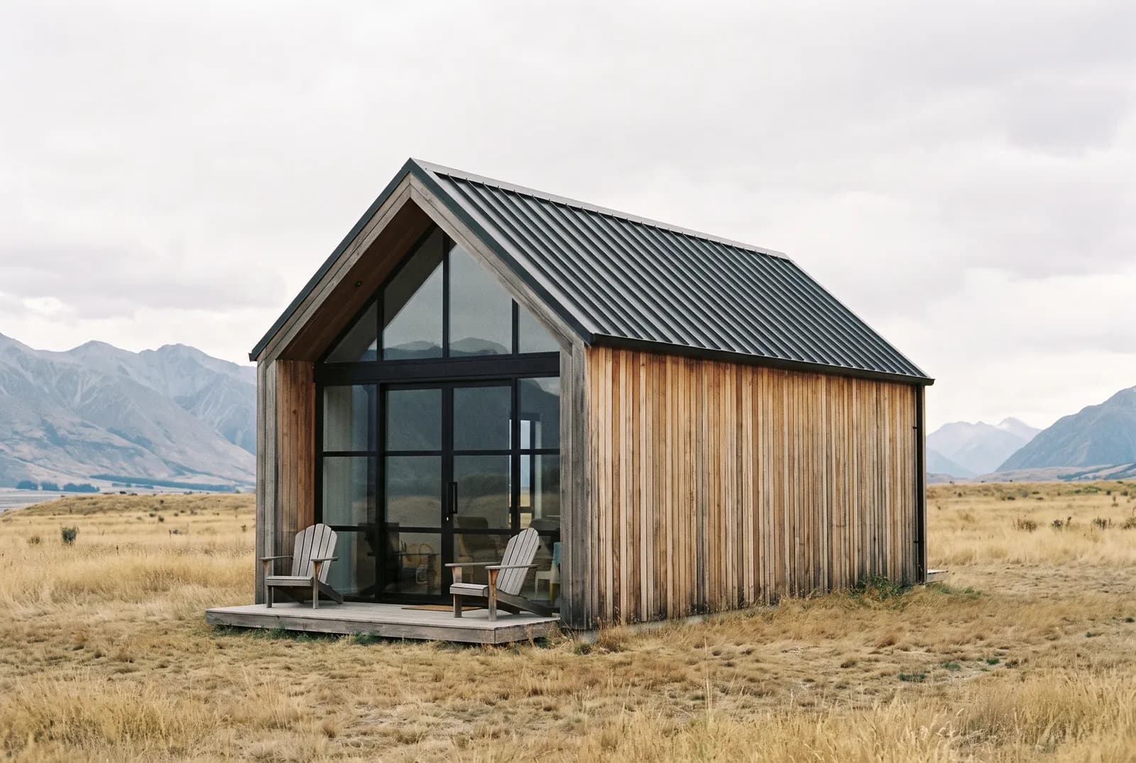 Компактный одноэтажный Barn House с двускатной кровлей и остеклённым торцом в степном ландшафте