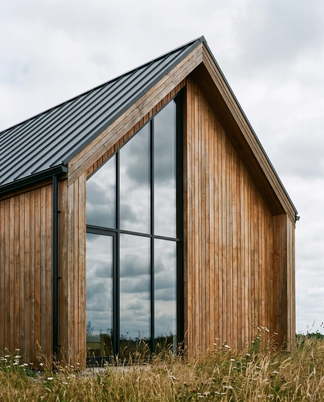 Компактный одноэтажный Barn House с двускатной кровлей и остеклённым торцом в степном ландшафте
