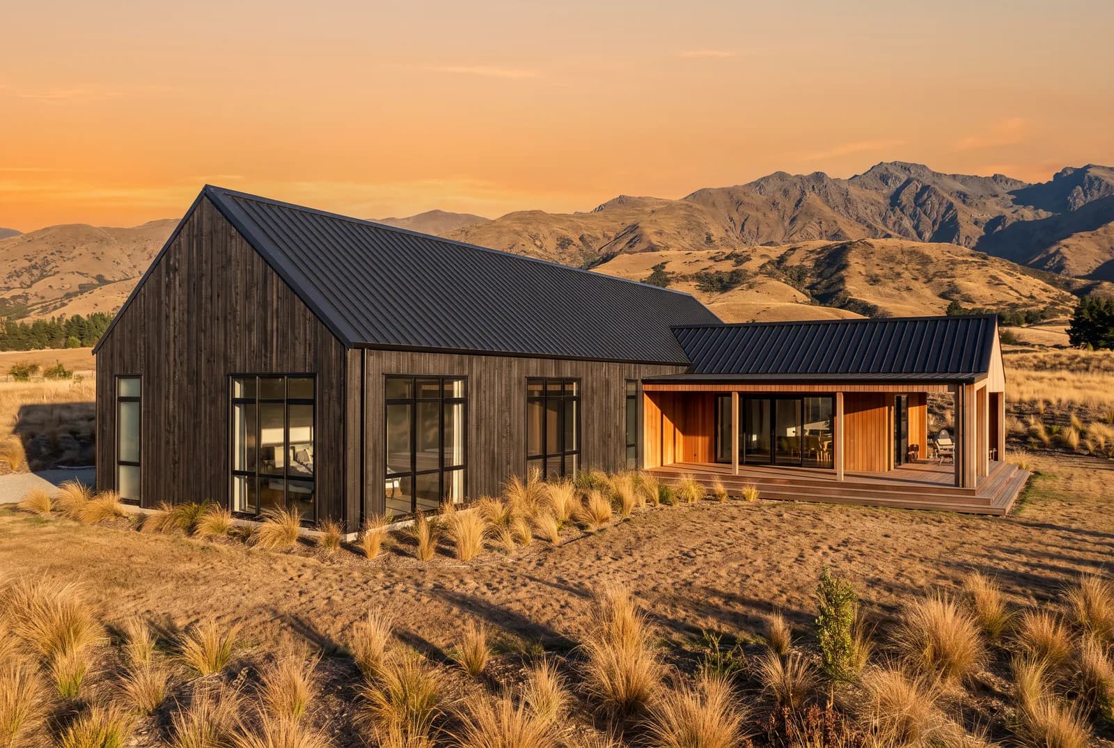Семейный Barn House из двух объёмов с обожжённым деревом и крытой террасой на закате