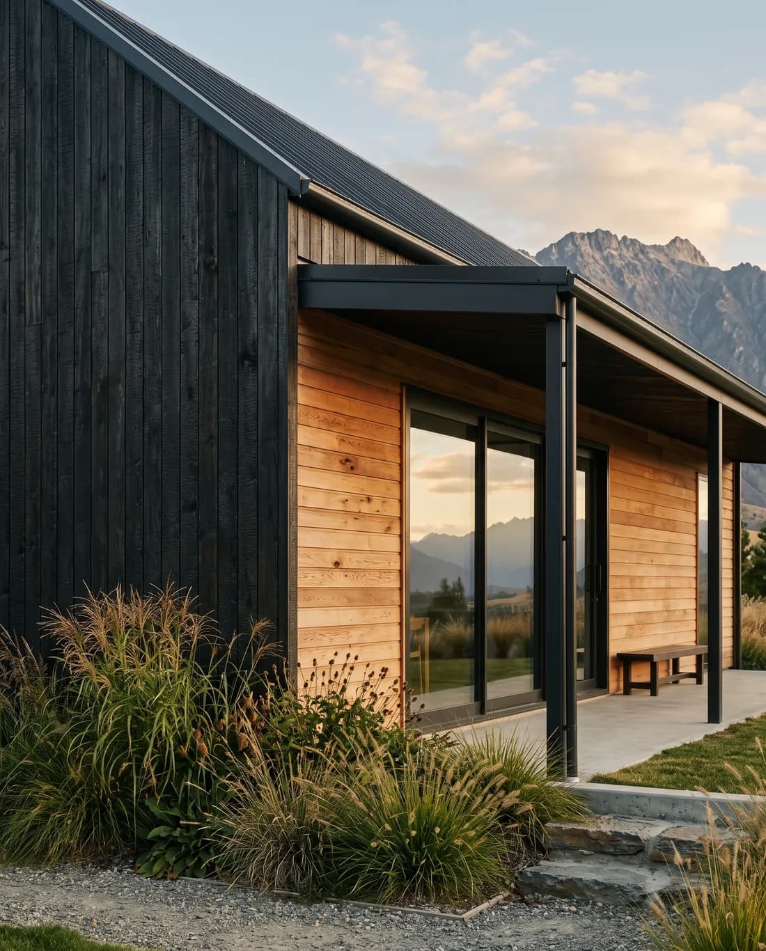 Семейный Barn House из двух объёмов с обожжённым деревом и крытой террасой на закате