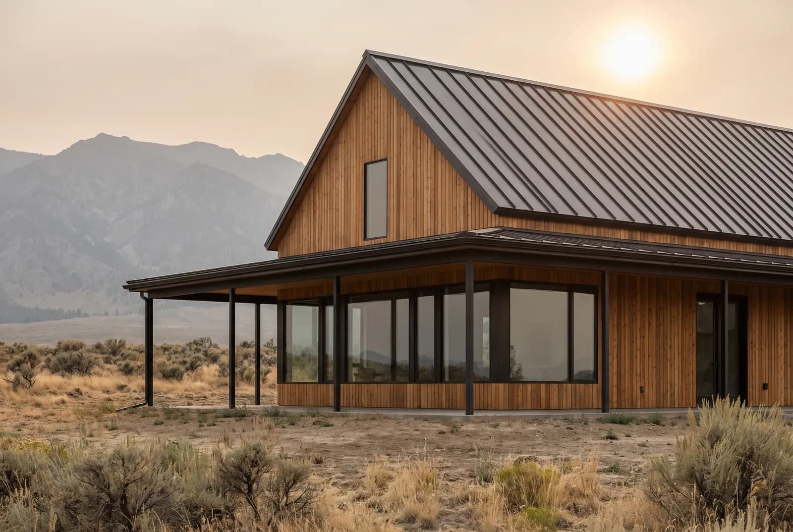 Современный Barn House с двускатной кровлей, деревянным фасадом и панорамным остеклением